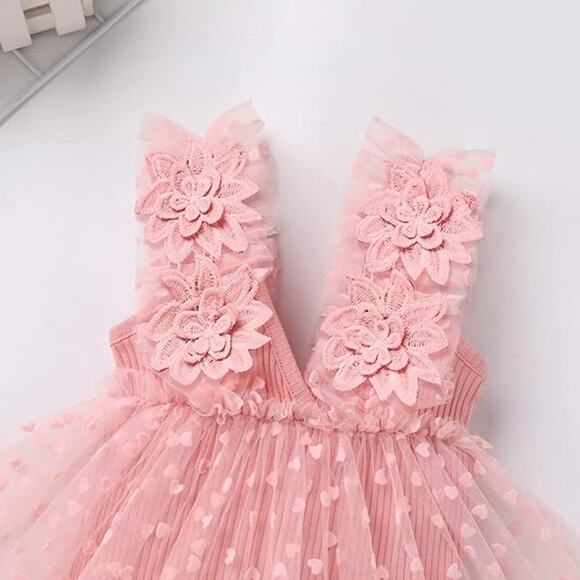 NWT Pink Lace Tulle Romper Dress with Floral Headband Size: 6-12 Months - Picture 2 of 4